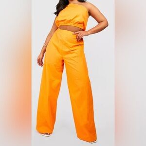 Plus Poplin One Shoulder Top & Wide Leg Pants Two- Piece